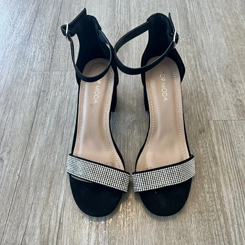 Womens Top Moda Black Rhinestone Block Heels - 6.5